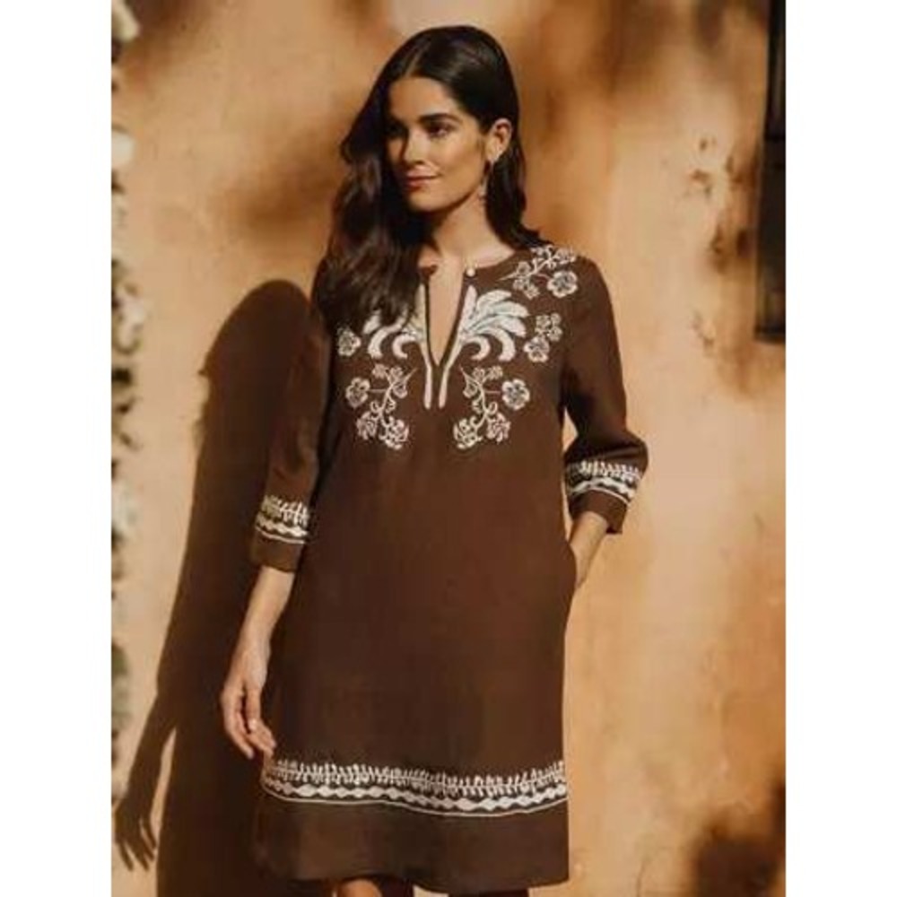 J.McLaughlin Ubud Dress Womens Large Brown Linen Embroidered Floral Palm Leaf
